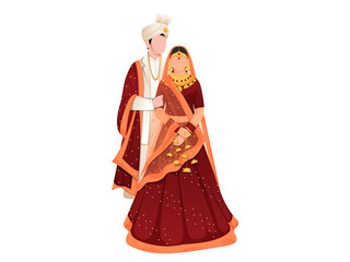 Wall Mural - Faceless Indian Wedding Couple Together Standing on White Background.