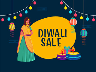 Wall Mural - Diwali Sale Poster Design with Indian Young Woman Holding a Empty Plate, Lit Oil Lamps, Gift Box, Hanging Lanterns and Lighting Garland on Blue and Yellow Background.