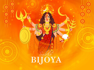 Wall Mural - Hindu Mythological Goddess Durga Sculpture on Orange Mandala Pattern Background for Subho Bijoya.