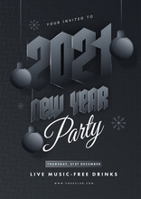 2021 New Year Party Invitation Or Flyer Design With Hanging Baubles And Snowflakes On Grey Zig Zag Pattern Background.