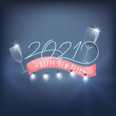 Wall Mural - 2021 Happy New Year Font with Illuminated Lighting Garland and Wineglass on Blue Background.