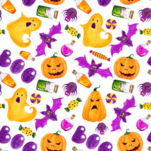 Seamless Pattern Of Halloween Watercolor, Purple And Orange And Green Color. Pumpkins, Potion, Castle, Sweets, Spider, Bat, Ghost, In Children's Style, On A White Background.