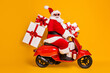 © deagreez - Full size profile side photo of white grey hair bearded santa claus ride motorbike deliver x-mas christmas gifts on noel night wear headwear isolated bright shine color background