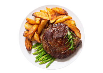 plate of grilled steak with rosemary, asparagus and potato isolated on a white background