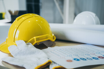 Safety helmet and glove on table at project site