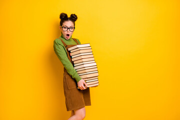 Portrait of her she nice attractive overwhelmed intelligent girl carrying big large pile book materials science project isolated bright vivid shine vibrant yellow color background