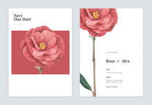 Floral Wedding Invitation Card Template Design, Red Semi-double Camellia Flowers With Leaves On White