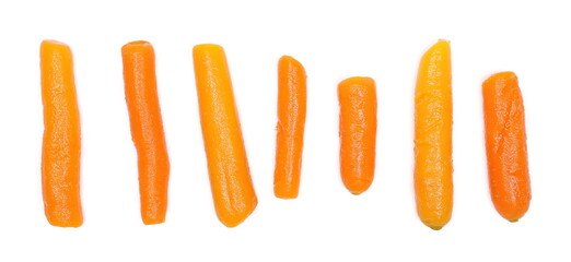 Wall Mural - Cooked baby carrots set and collection isolated on white background, top view