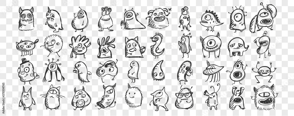 Download Monsters Doodle Set Collection Of Hand Drawn Pencil Sketches Templates Patterns Of Spooky Creatures Alliens Ugly Cyclops Beasts Mascots On Transparent Background Illustration Of Halloween Symbol Wall Mural Drawlab19
