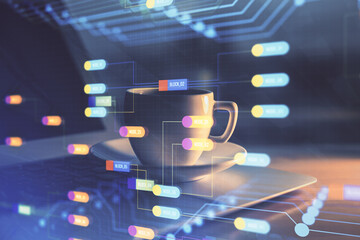 double exposure of desktop computer and technology theme hologram. concept of software development.