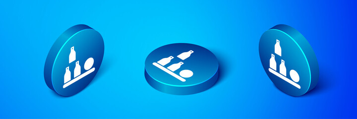 Sticker - Isometric Bottles ball icon isolated on blue background. Blue circle button. Vector.