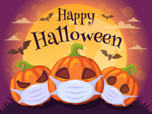 Happy Halloween 2020. Halloween Banner With Pumpkins In Medical Mask, Bat And Moon. Stop Coronavirus. Covid-19. Stop The Global Pandemic