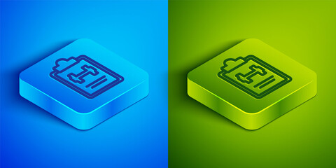 Isometric line Sport training program or fitness plan icon isolated on blue and green background. Square button. Vector.