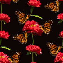 Colorful Floral Seamless Pattern With Red Peony Flowers And Monarch Butterflies Collage On Black Background. Stock Illustration.