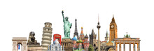 World Landmarks And Famous Monuments Collage Isolated On Panoramic White Background