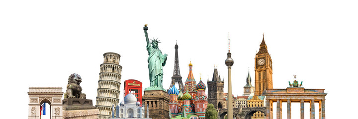 world landmarks and famous monuments collage isolated on panoramic white background