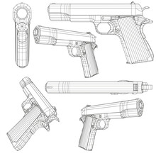 Set With A Low Poly Pistol Colt 1911. Wireframe Of A Pistol In Different Positions Isolated On A White Background. 3D. Vector Illustration
