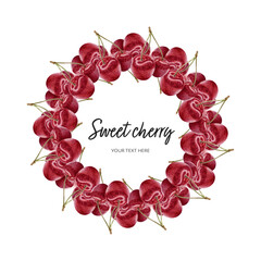 Wall Mural - Sweet cherry circlet composition watercolor hand drawn illustration on watercolor splash background.