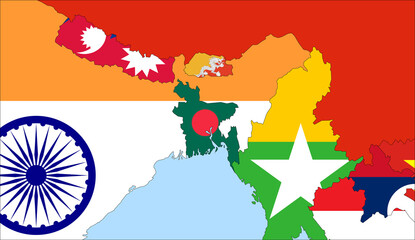 Wall Mural - Center the map of Bangladesh. Vector maps showing Bangladesh and neighboring countries. Flags are indicated on the country maps, the most recent detailed drawing.