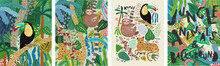 Abstract Jungle! Vector Illustrations Of Animals (sloth, Snake, Leopard, Parrot Toucan), Leaves, Spots, Objects And Textures. Hand-drawn Art For Poster, Card Or Background
