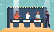 TV Game Show With Host And Three Contestants Answering Questions Or Solving Puzzles, Standing At Consoles Below Lights, Colored Vector Illustration