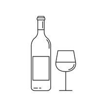 Wine Bottle With Wine Glass Line Icon. Outline Silhouette. Vector Illustration.
