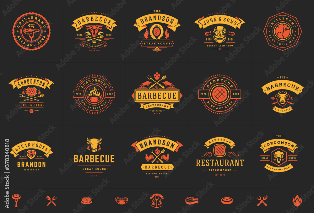 Grill and barbecue logos set vector illustration steak house or restaurant menu badges with bbq food silhouettes - obrazy, fototapety, plakaty 