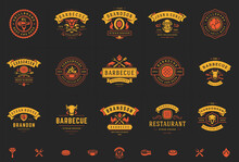 Grill And Barbecue Logos Set Vector Illustration Steak House Or Restaurant Menu Badges With Bbq Food Silhouettes
