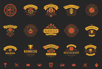 grill and barbecue logos set vector illustration steak house or restaurant menu badges with bbq food