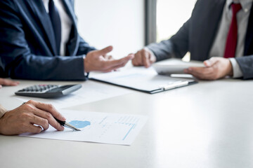 Poster - Business team meeting present, Secretary presentation new idea and making report to professional investor with new finance project plan during discussion at meeting
