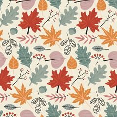 Vector colorful autumn natural seamless pattern with fall leaves and berries.