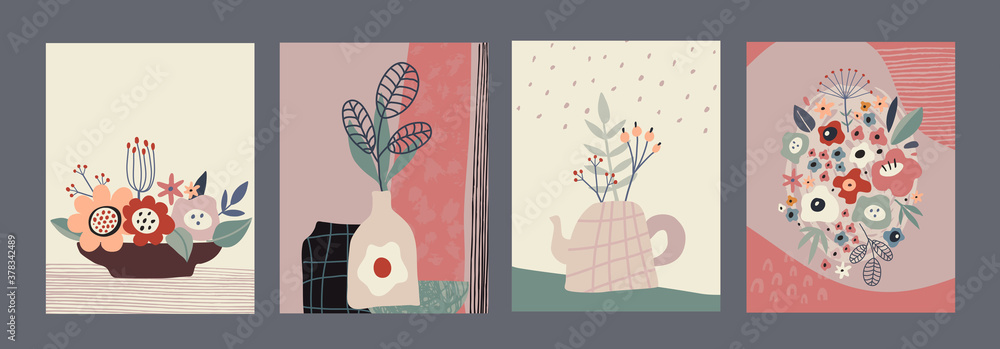 Set of vector colorful collage contemporary cards or posters. Autumn nature collection. - obrazy, fototapety, plakaty 