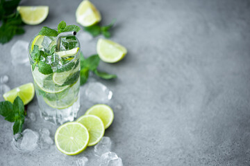 mojito cocktail with mint, lime and ice in a tall glass