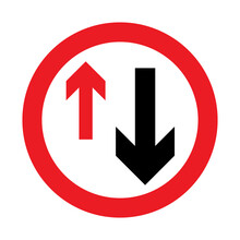 Give Way To Oncoming Vehicles Road Sign. Priority Must Be Given To Vehicles From The Opposite Direction. Vector Illustration Of Circular Regulatory Traffic Sign With Two Arrows Inside.