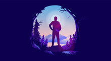 Seeking Adventure - Male Adventurer In Landscape Looking To Explore And Live Live. Enjoy Nature, Hiking And Wanderlust Concept. Vector Illustration.