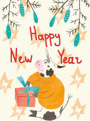  Postcard with watercolor New Year bulls with spruce branches and cones.Christmas cows in blue, orange, brown colors, festive cute bulls on a cream background. 2021 hand drawn sign of the year.