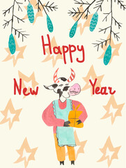  Card with watercolor New Year bulls with spruce branches and cones.Christmas cows in blue, orange, brown colors, festive cute bulls with gift on a cream background. 2021 hand drawn sign of the year.