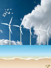 offshore wind turbines producing sustainable renewable green energy set against a blue cloudy daytim