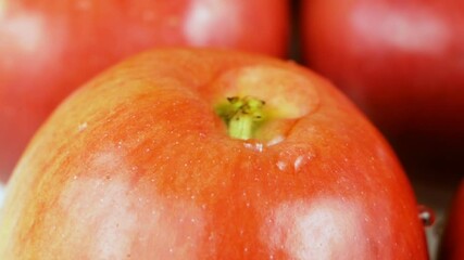 Wall Mural - Many ripe red apples and water drops fall down, slow motion