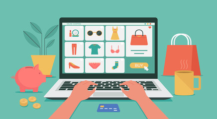 human hand using laptop computer for online shopping, women fashion products on e-shop with icons and goods concept, vector flat graphic illustration