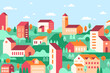 Vector geometric minimalist city. Flat city landscape elements with house, town building, residential houses, field, valley and trees for website, banner, poster. Urban landscape. Minimal cityscape