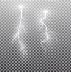 Wall Mural - white realistic lightning. thunder spark light on transparent background. illuminated realistic path