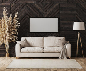 Blank picture frame in modern luxury living room interior with beige sofa and decorative wood wall panel with parquet floor, floor lamp, living room interior background mock up, 3d rendering 