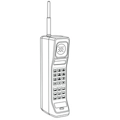 big, old, cell phone with antenna. black and white illustration of a contour. one of the first wirel