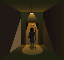 Killer angel sillhouette behind door on dark corridor room horror scene concept in cartoon illustration vector