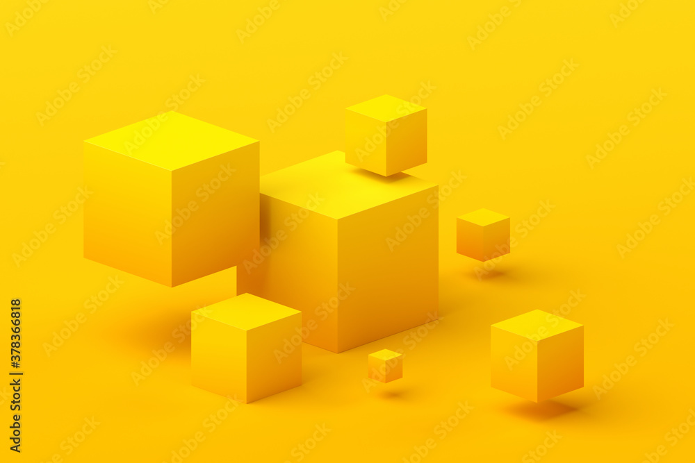 Abstract 3d render, geometric composition, yellow background design with cubes