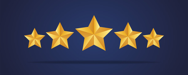 Wall Mural - five golden realistic stars. vector golden 3d isolated five stars on dark blue background. customer 