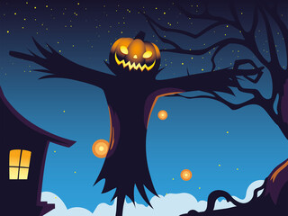 Sticker - halloween dark night background with scarecrow