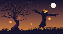 Halloween Dark Night Background With Scarecrow And Full Moon