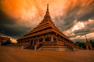 Phra Mahathat Kaen Nakhon, or Wat Nong Wang, is a royal temple with beautiful sculptures of 9-storey relics, a landmark Buddhist site in Khon Kaen Province, Thailand.